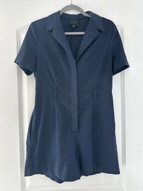 Alex Marie Navy Blue Collared Short Sleeve Romper Women's Size 4, Linen/Bamboo